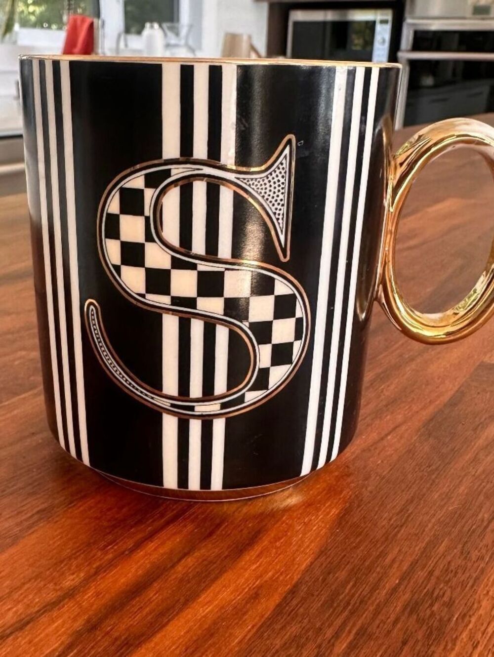 MacKenzie-Childs My Mug S Monogram Ceramic Mug Black White Gold Handle